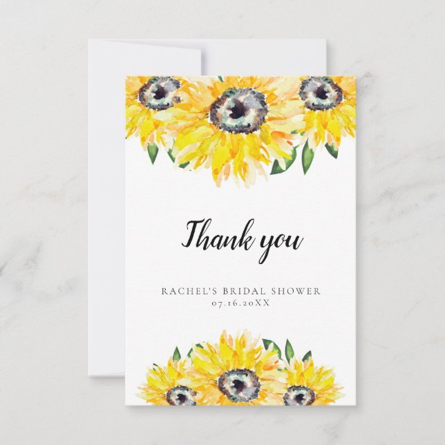 Thank you Sunflower Bridal Shower Watercolor Flora Card (Front)