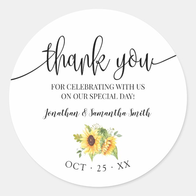 Thank you sunflower floral boho chic wedding classic round sticker (Front)