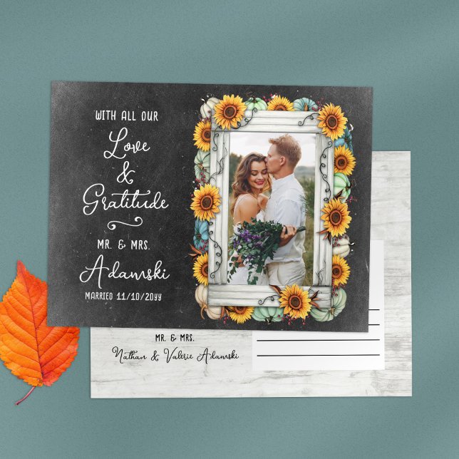 Thank You Sunflower Pumpkin Fall Chalkboard Photo Postcard (Creator Uploaded)