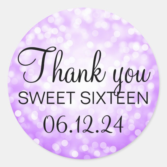 Thank You Sweet 16 Birthday Purple Glitter Lights Classic Round Sticker (Front)