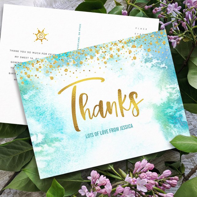 Thank You Sweet 16 Blue Watercolor Gold Birthday Postcard (Creator Uploaded)