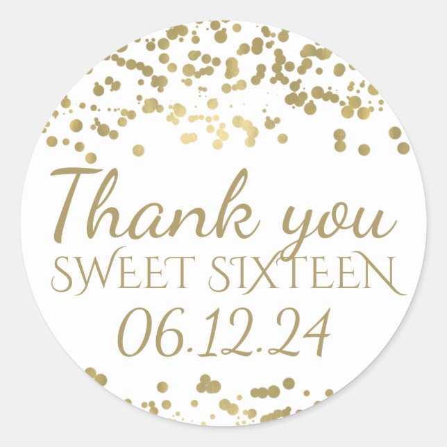 Thank You Sweet 16 Gold Foil Confetti Classic Round Sticker (Front)