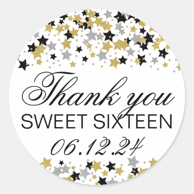 Thank You Sweet 16 Gold Glitter Star Confetti Classic Round Sticker (Front)
