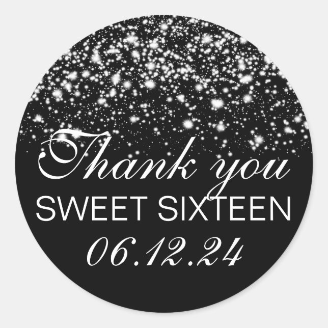Thank You Sweet 16 Midnight Glam Silver Classic Round Sticker (Front)