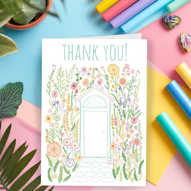 THANK YOU Sweet Garden Door Colourful Doodle  Card (THANK YOU Sweet Garden Door Flowers Cute Colorful Doodle Greeting Card
)