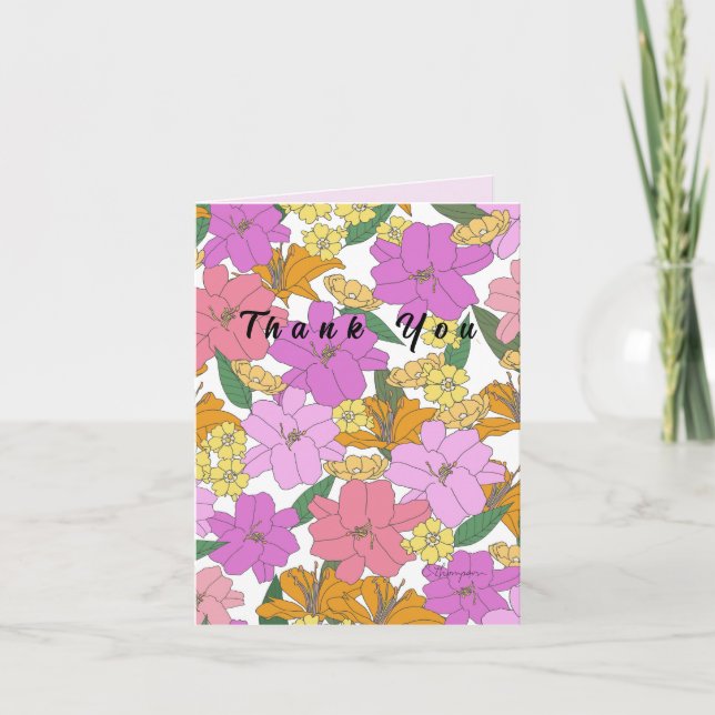 Thank You Sweet Orange Pink Green Handdrawn Floral Note Card (Front)