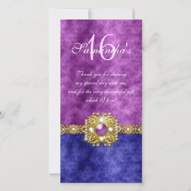 "thank you" "sweet sixteen" purple blue gems thank you card (Front)