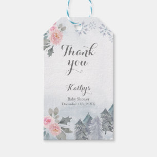 Thank You Tag Pink Floral Winter Snowflake