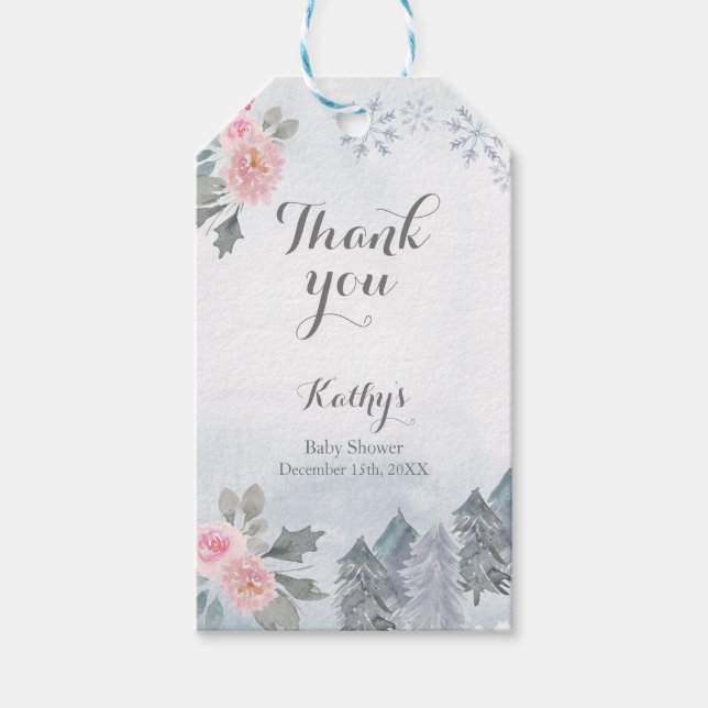Thank You Tag Pink Floral Winter Snowflake (Front)