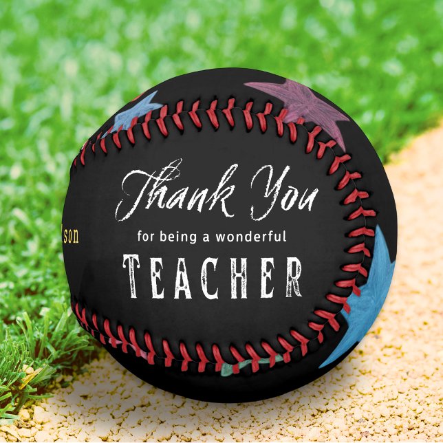 Thank You Teacher Appreciation Custom Name Softball (A personalized softball with 'Thank you for being a wonderful teacher', colorful stars and apple)