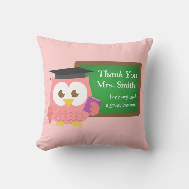 Thank you, Teacher Appreciation Day, Cute Pink Owl Cushion (Front)