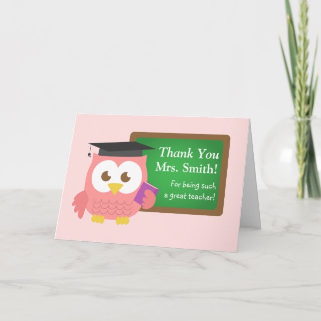 Thank you, Teacher Appreciation Day, Cute Pink Owl You Card (Front)