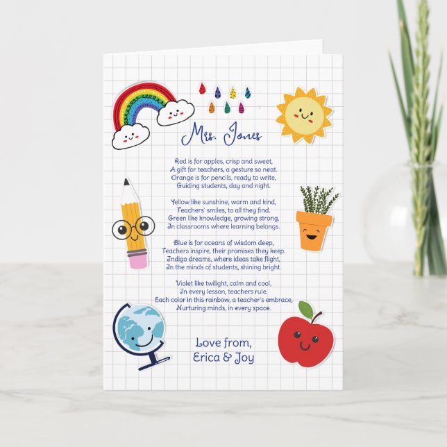 thank you teacher Appreciation rainbow cloud poem Card (Front)