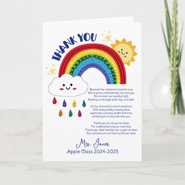 thank you teacher Appreciation rainbow cloud poem Card (Front)