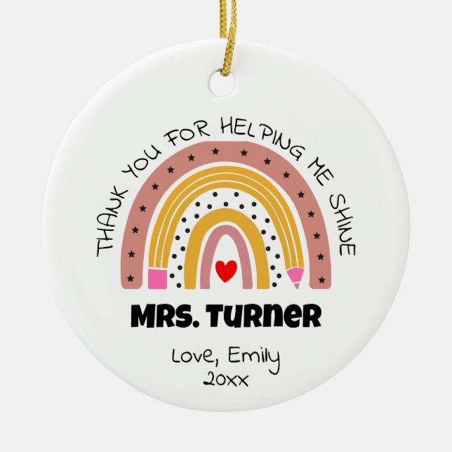 Thank You Teacher Appreciation Rainbow Custom Name Ceramic Tree Decoration (Front)