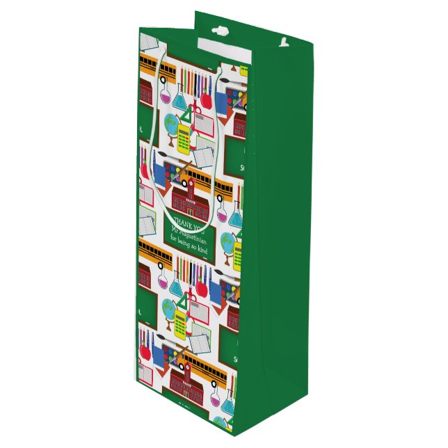 THANK YOU Teacher Appreciation School GREEN Wine Gift Bag (Front Angled)