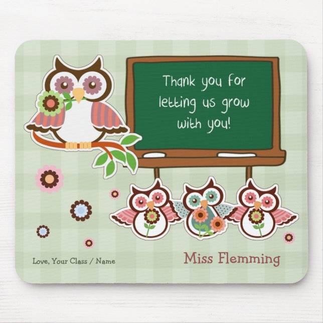 Thank You, Teacher. Cute Owls Custom Name Mouse Mat (Front)