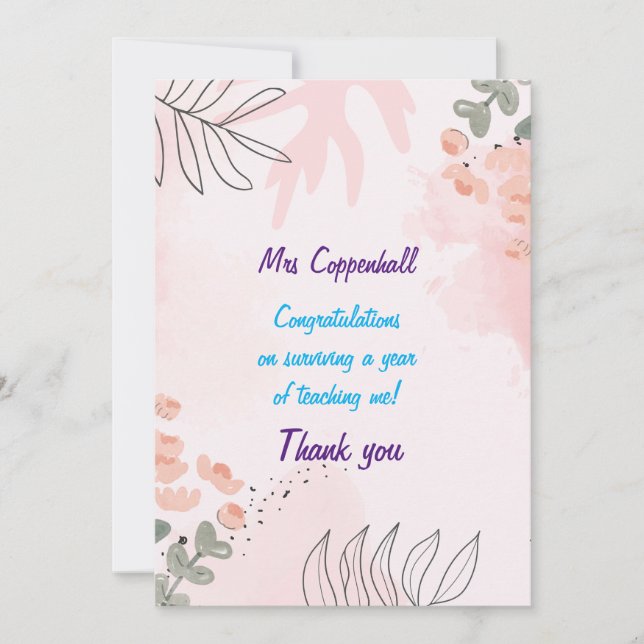 Thank you Teacher. Editable teacher & child names Card (Front)
