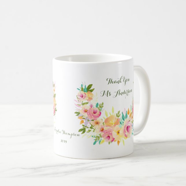 Thank you Teacher Floral Wreath Coffee Mug (Front Right)