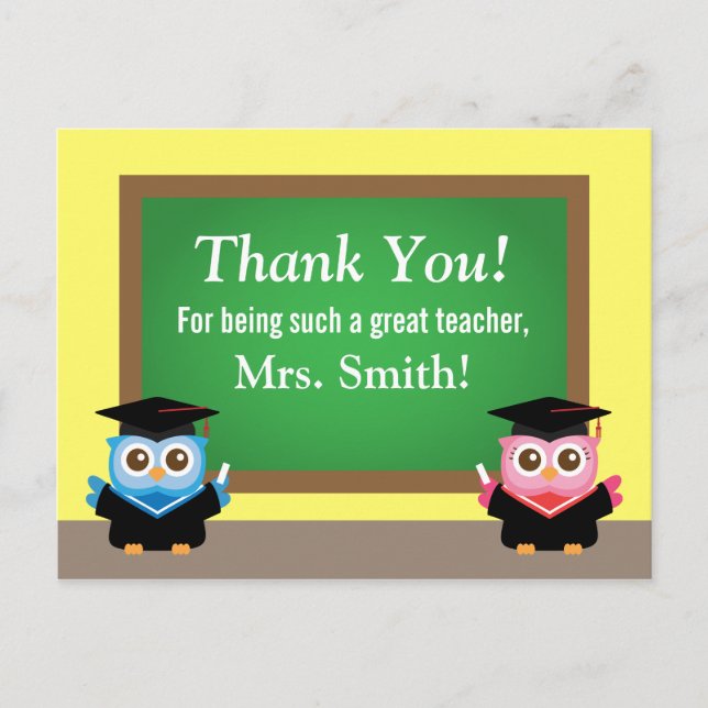 Thank you teacher, Graduation Farewell, Cute Owls Postcard (Front)