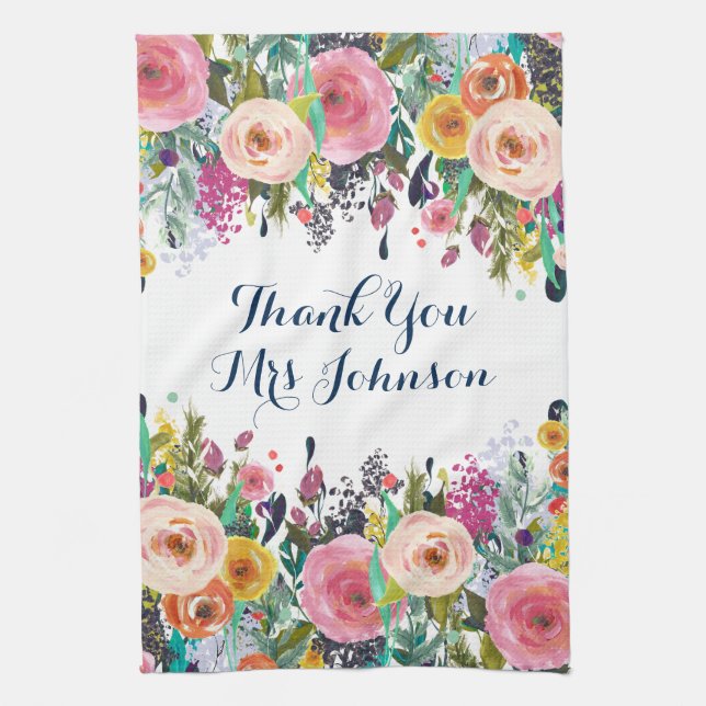 Thank You Teacher Painted Floral Kitchen Towel (Vertical)