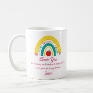 thank you teacher rainbow school supply pink  coffee mug