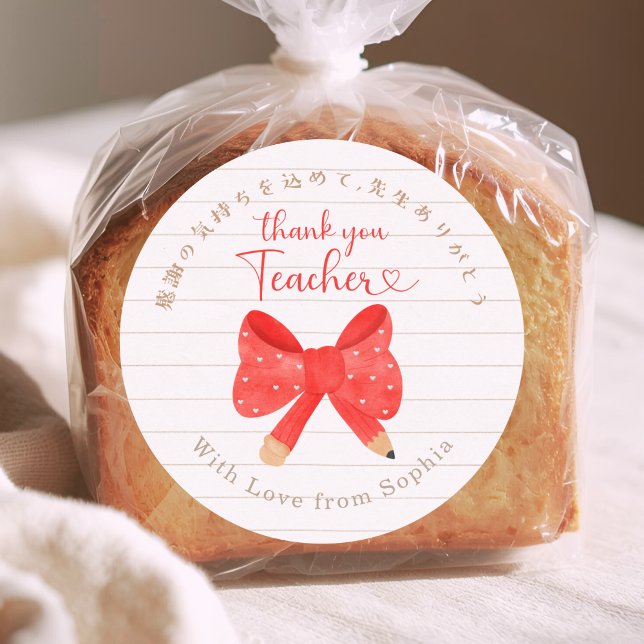 Thank You Teacher Red Bow Note Paper Classic Round Sticker (Creator Uploaded)