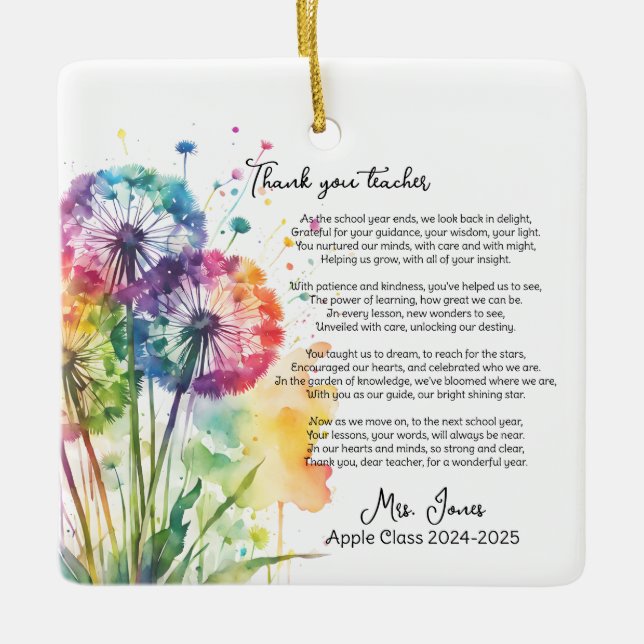 thank you teacher retirement dandelion poem ceramic ornament (Front)