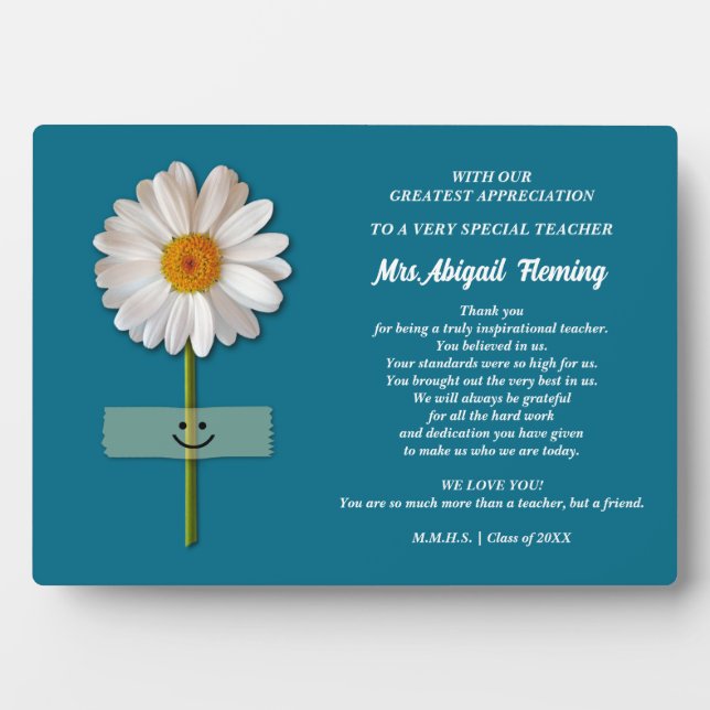 Thank You, Teacher. Smiling Daisy Custom Gift Plaque (Front)