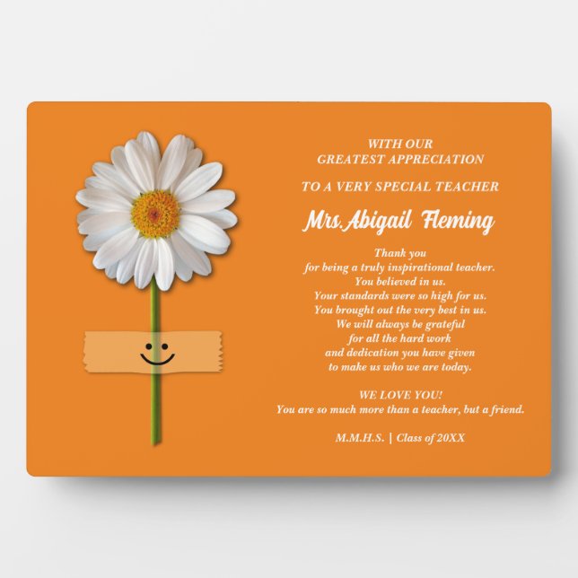 Thank You, Teacher. Smiling Daisy Custom Gift  Plaque (Front)