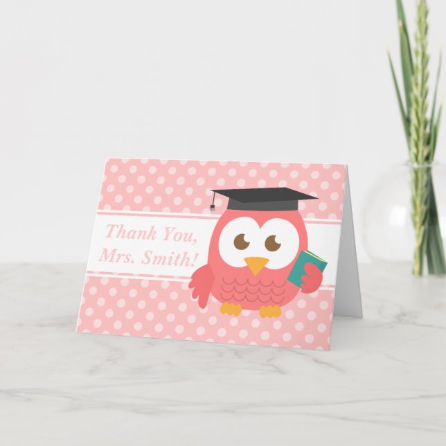 Thank You Teacher, Teacher Owl, Pink Polka Dots (Front)
