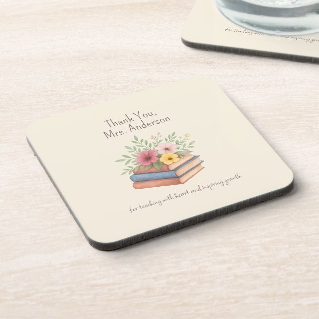 Thank You Teacher – Watercolor Books & Flowers -  Coaster (Left Side)