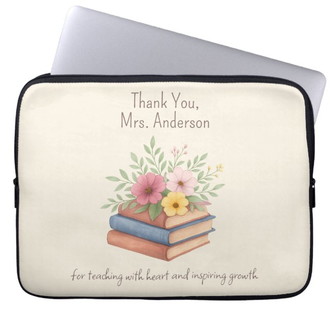 Thank You Teacher – Watercolor Books & Flowers -  Laptop Sleeve (Front)
