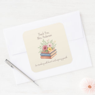 Thank You Teacher – Watercolor Books & Flowers -  Square Sticker