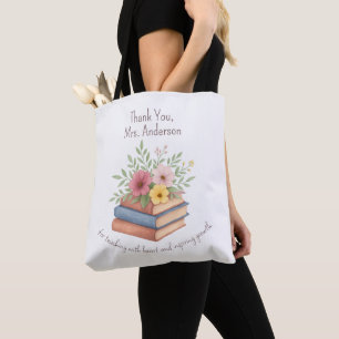 Thank You Teacher – Watercolor Books & Flowers -  Tote Bag