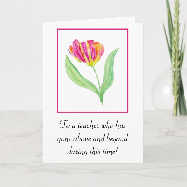 Thank You Teacher Watercolor Parrot Tulips Card (Front)