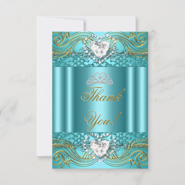 Thank You Teal Blue Gold Quinceanera Card (Front)
