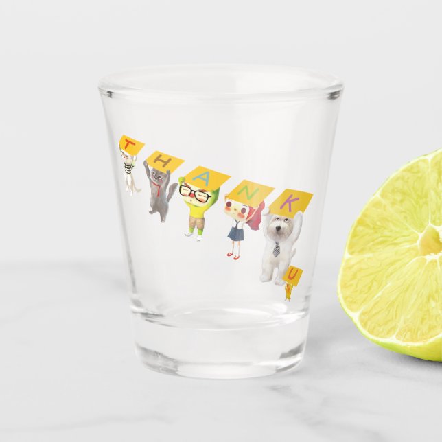 Thank You Team: Smiling Bichon & Friends Art Shot Glass (Front)