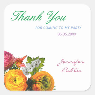 Thank You Template Watercolor Flowers Roses Script Square Sticker
