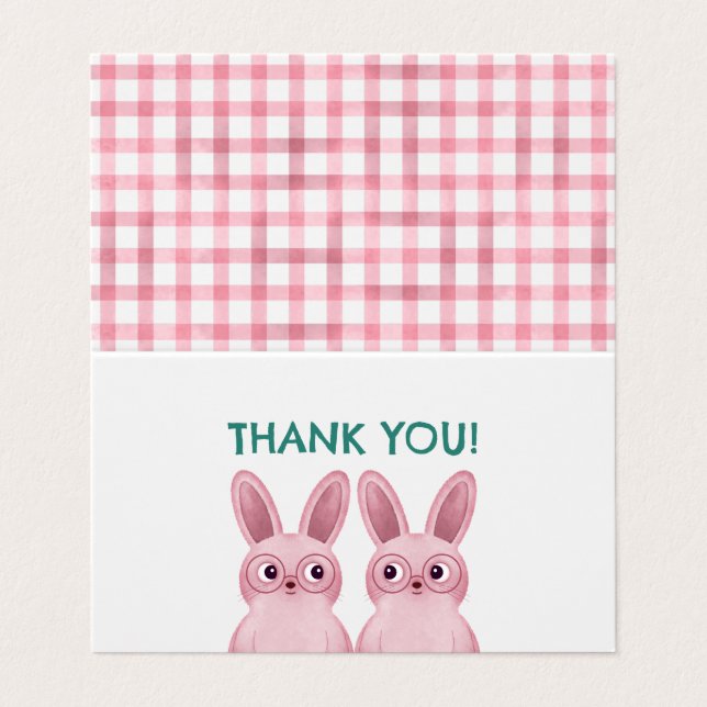 Thank you tent card with pink bunnies with glasses (Outside Unfolded)