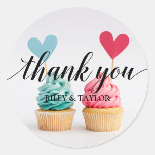 Thank You Text Blue and Pink Heart Cupcakes Classic Round Sticker