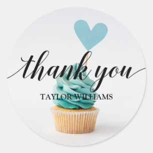 Thank You Text Blue Heart Cupcake Classic Round Sticker
