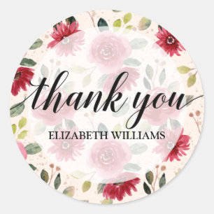Thank You Text Burgundy Flowers Classic Round Sticker