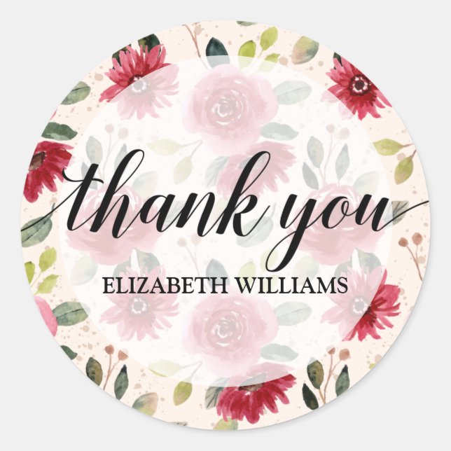 Thank You Text Burgundy Flowers Classic Round Sticker (Front)