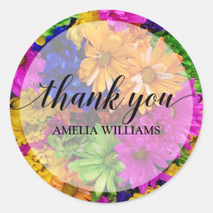 Thank You Text Colourful Flowers Classic Round Sticker