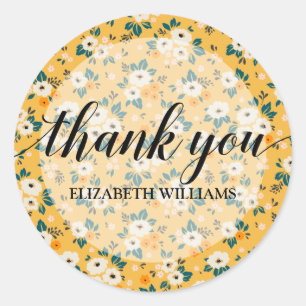 Thank You Text Flowers Yellow Classic Round Sticker