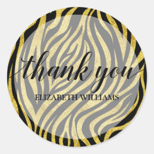 Thank You Text Gold Black Zebra Classic Round Sticker