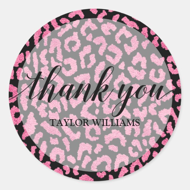 Thank You Text Pink Black Leopard Classic Round Sticker (Front)