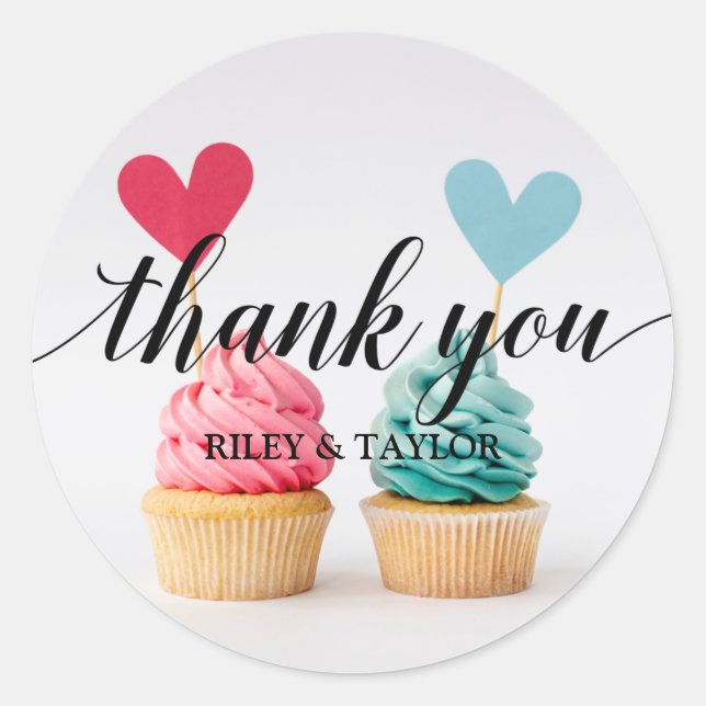 Thank You Text Pink Blue Heart Cupcakes Classic Round Sticker (Front)