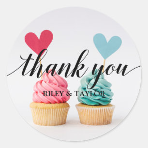 Thank You Text Pink Blue Heart Cupcakes Classic Round Sticker